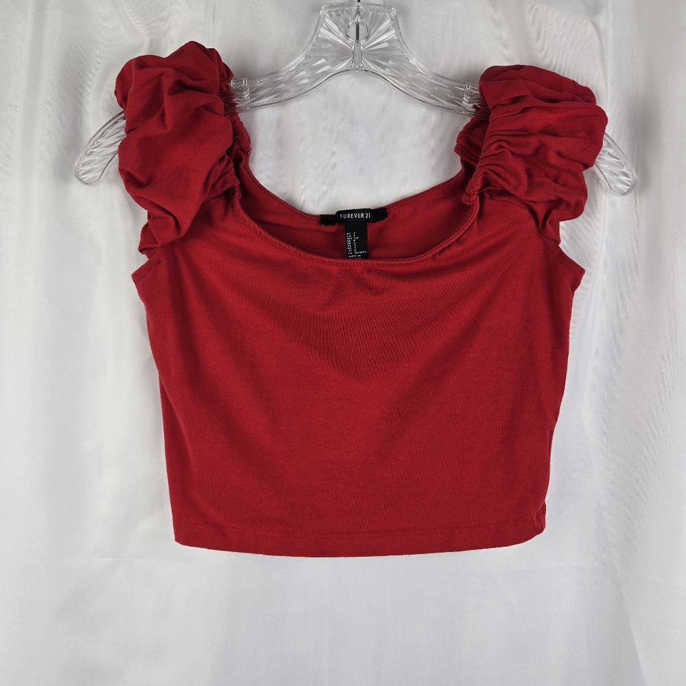 Forever 21 Red Stretchy Ruffle Cap Sleeve Womens Crop Top Size Small